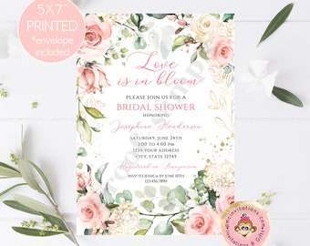Printed 5x7" Love is in bloom Bridal Shower Invitation, Greenery Floral Bridal Shower Invitation, Blush Pink, Gold, Bridal Shower Invitation
