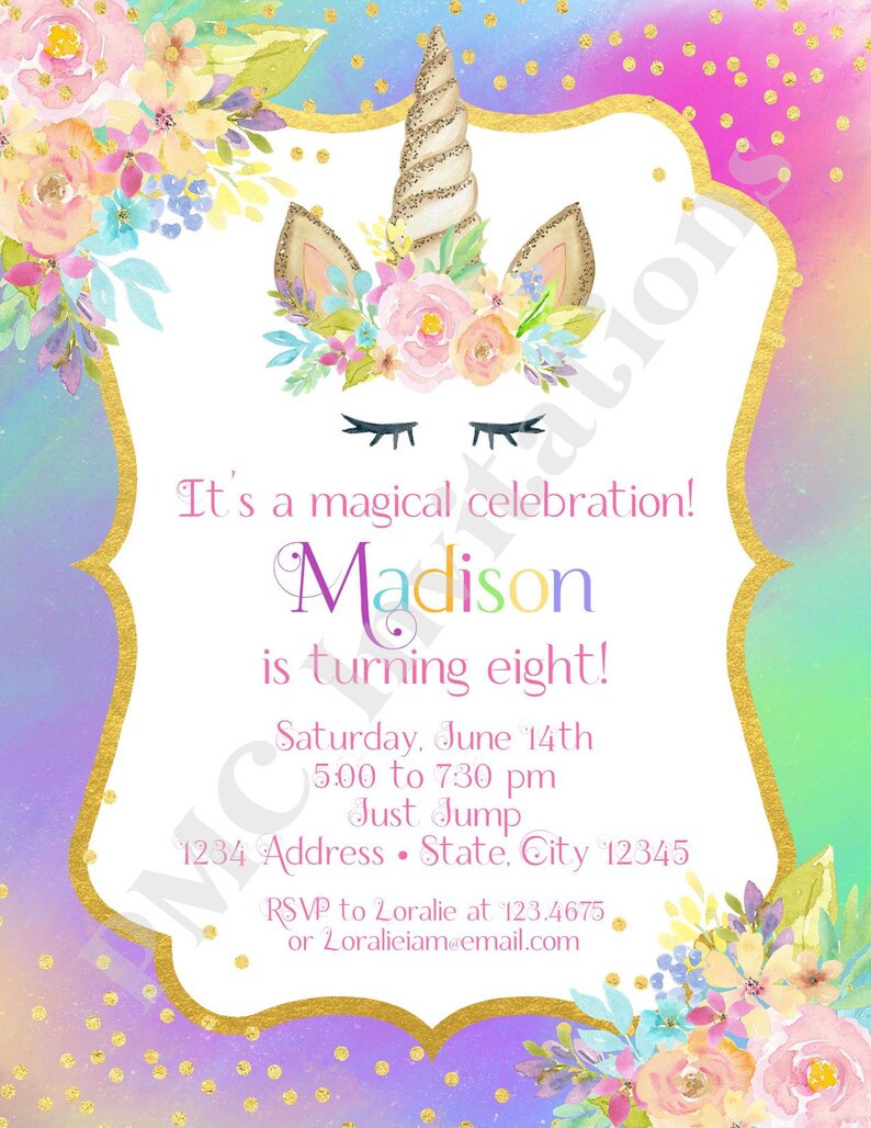 Custom PRINTED 4.25X5.5 Watercolor Pink Purple Floral, Unicorn Birthday Invitation, Unicorn Face, kraft or white envelope, FREE SHIPPING image 2