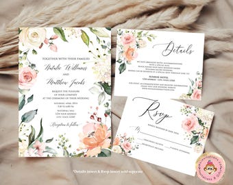 Printed 5X7 Greenery, Foliage Wedding Invitation, Pink Floral Wedding Invitation, Greenery Wedding Invitation, Watercolor Eucalyptus Wedding