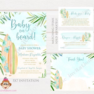 Custom Printed 5x7" Beach Baby on Board Baby Shower Invitations, Surfboard Baby Shower, Beach Baby Shower Invitation, with envelopes