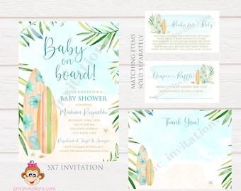 Custom Printed 5x7" Beach Baby on Board Baby Shower Invitations, Surfboard Baby Shower, Beach Baby Shower Invitation, with envelopes