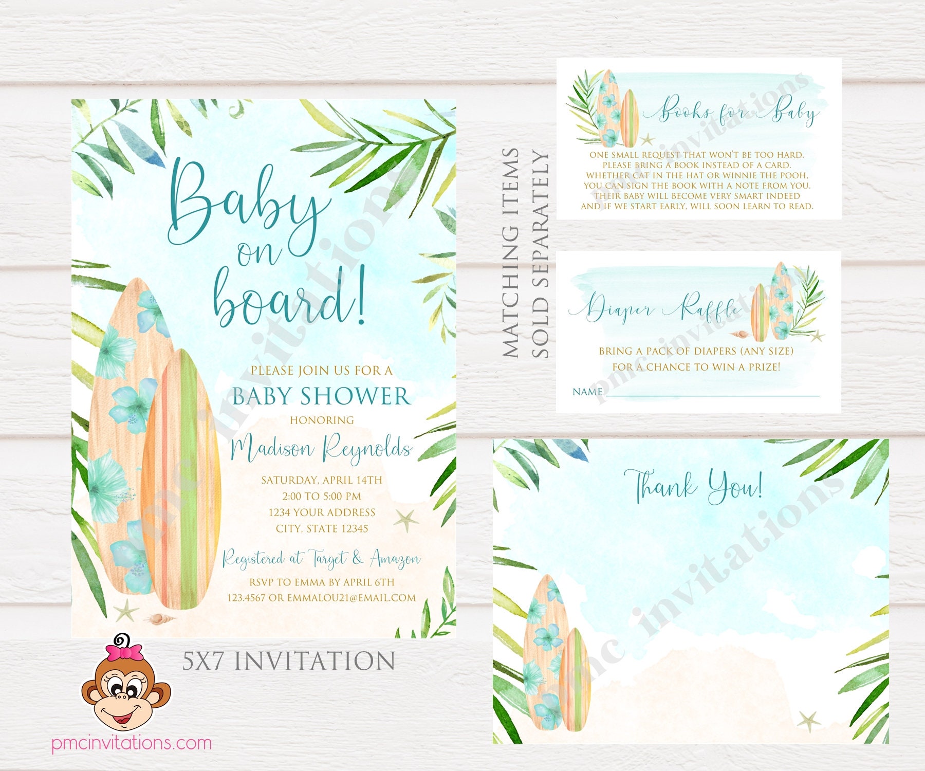 Custom Printed 5x7 Beach Baby on Board Baby Shower Invitations Surfboard Baby Shower Beach Baby Shower Invitation with