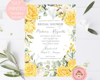 Custom Printed 5x7" Greenery Floral Bridal Shower Invitation, Yellow, Gold, Eucalyptus Floral Bridal Shower Invitation, Bridal Shower