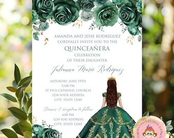 Custom Printed 5X7" Quinceañera Invitations, Green Floral Quinceanera Invitation, 15th Birthday Invitation, Printed invitations, envelopes