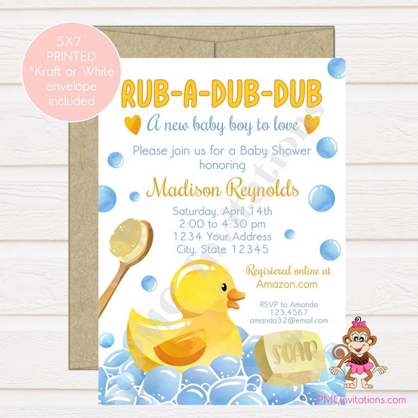 Custom PRINTED 5X7" Watercolor Duck Ducky Baby Shower Invitation, Boy, Girl, Gender Neutral Baby Shower Invitation - 1.00 each w envelope