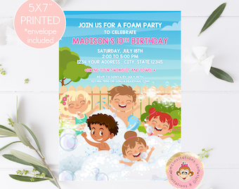 PRINTED 5X7" Kids Foam Party Birthday Invitation, Foam Party Invitations, Foam Birthday, Foam Party, envelope included