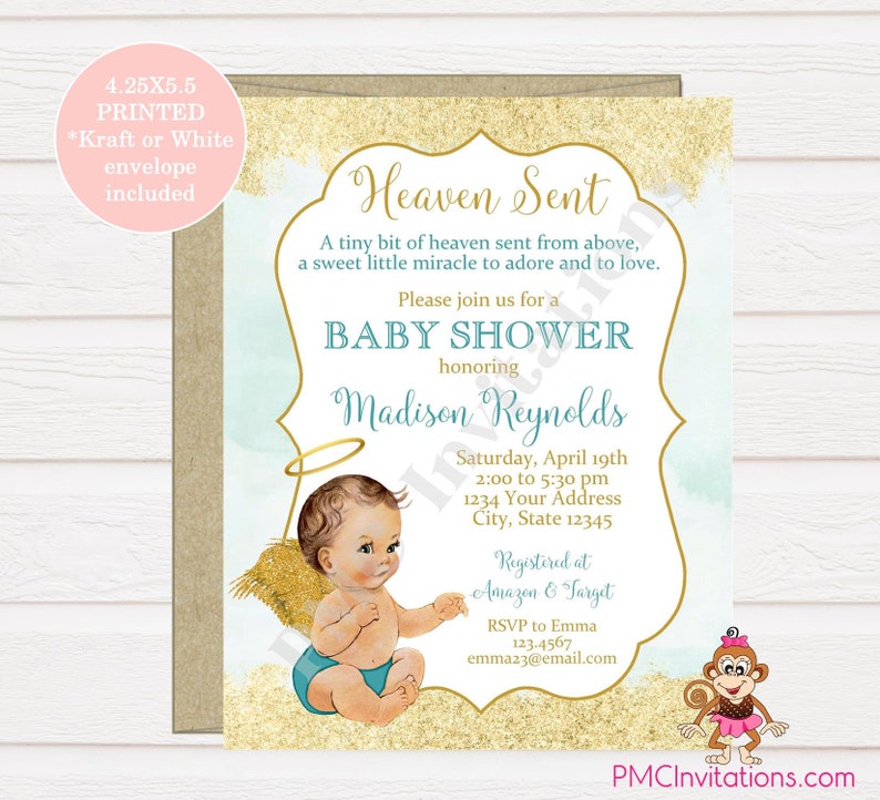 Custom PRINTED 4.25X5.5 Heaven Sent Baby Shower Invitation Heaven Sent Baby Shower kraft or white envelope included