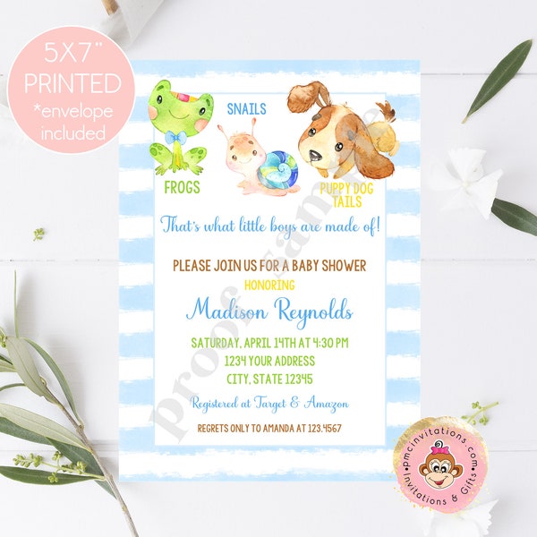 Custom PRINTED 5X7 Watercolor, Frogs Snails Puppy Dog Tails Baby Shower Invitation, envelopes included