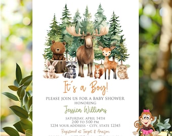 Printed 5x7", Woodland Animal Baby Shower Invitation, Woodland baby shower Invitation, Animal Baby Shower Invitation, with envelopes