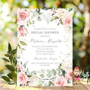 Custom Printed 5x7&quot; Greenery Floral Bridal Shower Invitation, Blush Pink, Gold, Eucalyptus Floral Bridal Shower Invitation, Bridal Shower