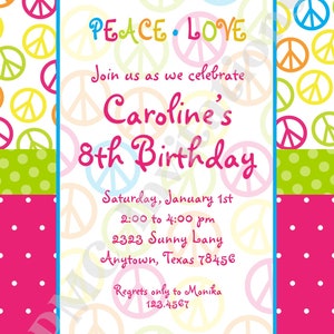 Custom Printed Girls Peace Sign Birthday Invitation - 1.00 Each With ...