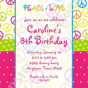 Custom Printed Girls Peace Sign Birthday Invitation 1.00 each with envelope image 2