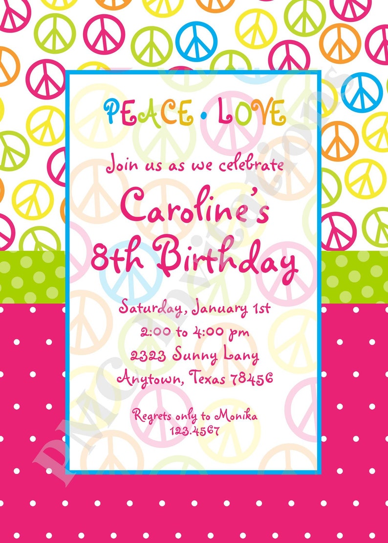 Custom Printed Girls Peace Sign Birthday Invitation 1.00 each with envelope image 2