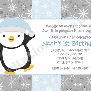 Printed Winter Penguin Birthday Invitation, Penguin Birthday, Penguin Boy 1.00 each with envelope image 3