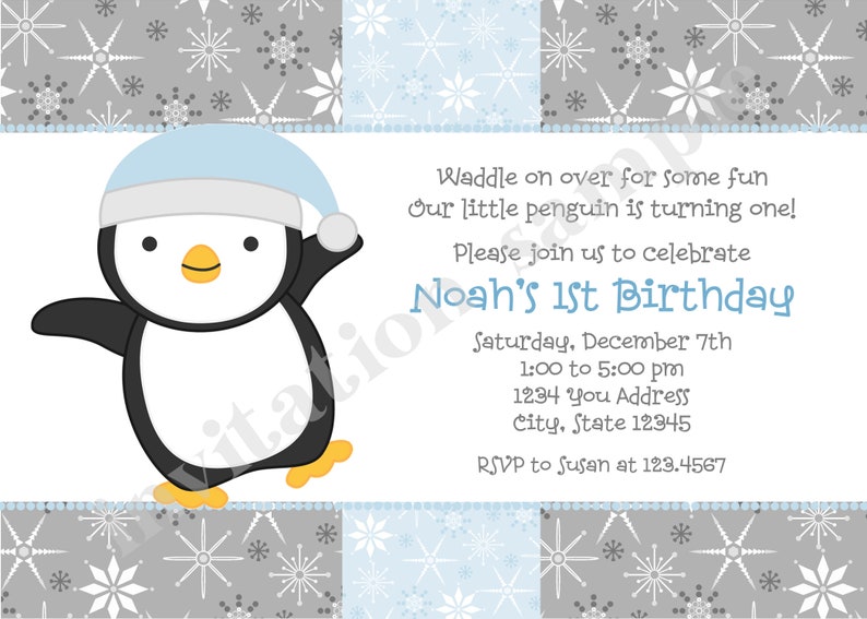 Printed Winter Penguin Birthday Invitation, Penguin Birthday, Penguin Boy 1.00 each with envelope image 3