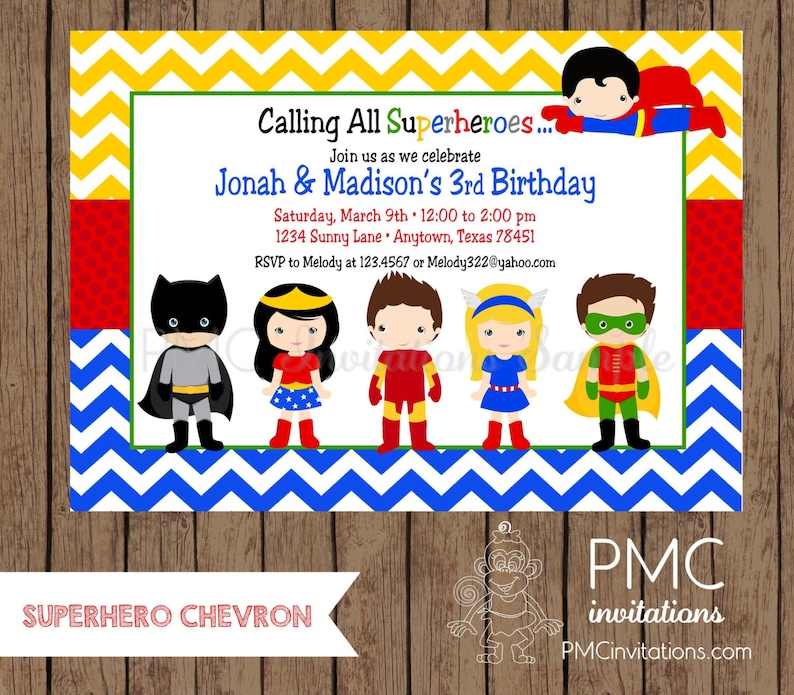 Custom Printed Superhero Birthday Invitations 1.00 each with envelope image 1