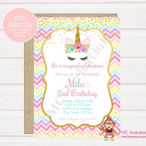 Custom PRINTED Unicorn Birthday Invitation, Unicorn Face Birthday Invitation 1.00 each with envelope image 1