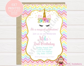 Invitación de cumpleaños de unicornio impreso personalizado, invitación de cumpleaños de la cara del unicornio - 1.00 cada uno con sobre