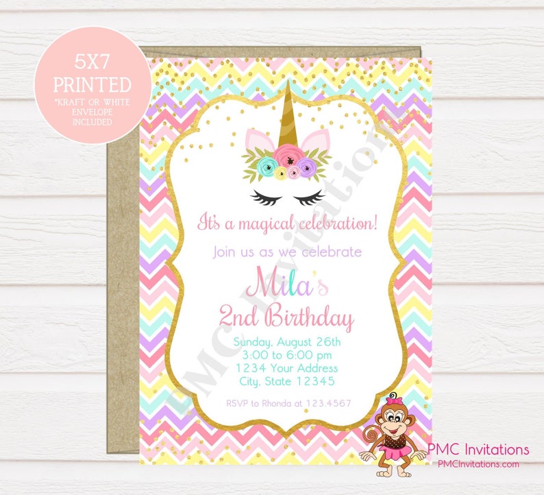 Custom PRINTED Unicorn Birthday Invitation, Unicorn Face Birthday Invitation 1.00 each with envelope image 1