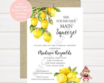Custom Printed Watercolor, Lemon Bridal Shower Invitations, Main Squeeze, Main Squeeze Lemon Bridal Shower, with envelopes