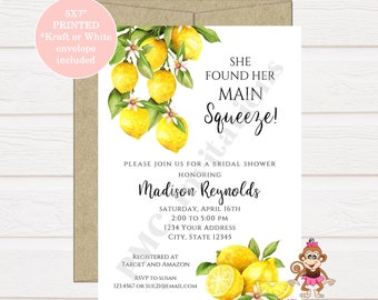 Custom Printed Watercolor, Lemon Bridal Shower Invitations, Main Squeeze, Main Squeeze Lemon Bridal Shower, with envelopes