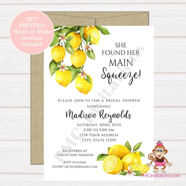 Custom Printed Watercolor, Lemon Bridal Shower Invitations, Main Squeeze, Main Squeeze Lemon Bridal Shower, with envelopes