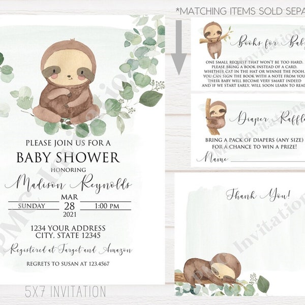Custom Printed 5X7 Sloth Baby Shower Invitation, Watercolor Baby Sloth, Gender Neutral Baby Shower, Eucalyptus Greenery