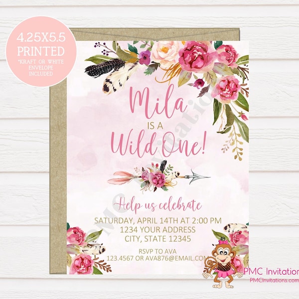 Custom PRINTED 4.25X5.5 Wild Watercolor Pink Floral Boho Arrow Feathers, Wild One Birthday Boho Birthday Invitation, kraft or white envelope