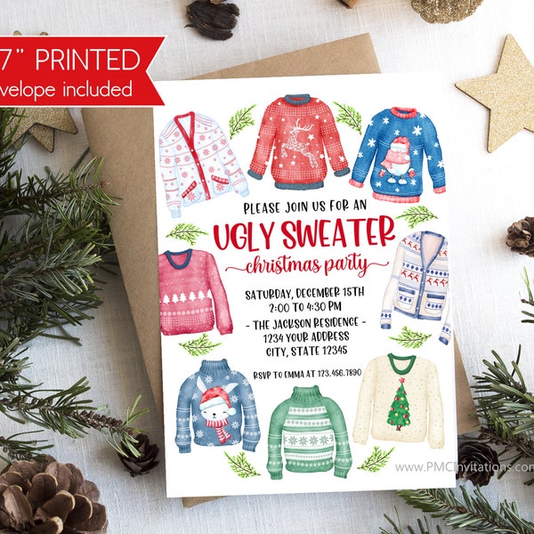 Ugly Sweater Christmas Party Invitation, Ugly Sweater Christmas Party Invitations, Ugly Sweater, 5X7", envelopes included