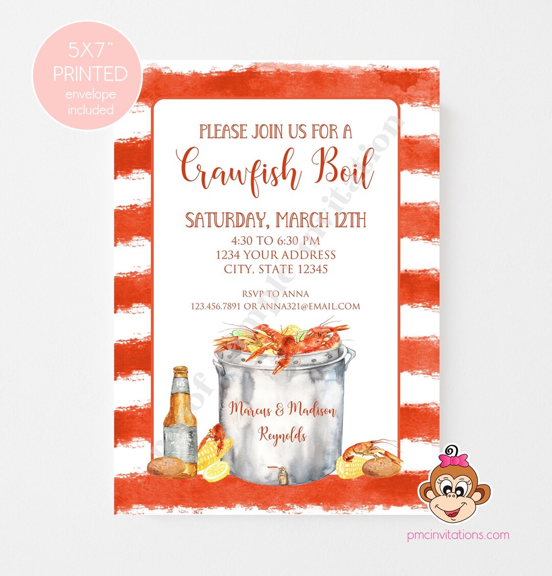 Printed Crawfish Boil Birthday Invitations, 5X7 Crawfish Invitations