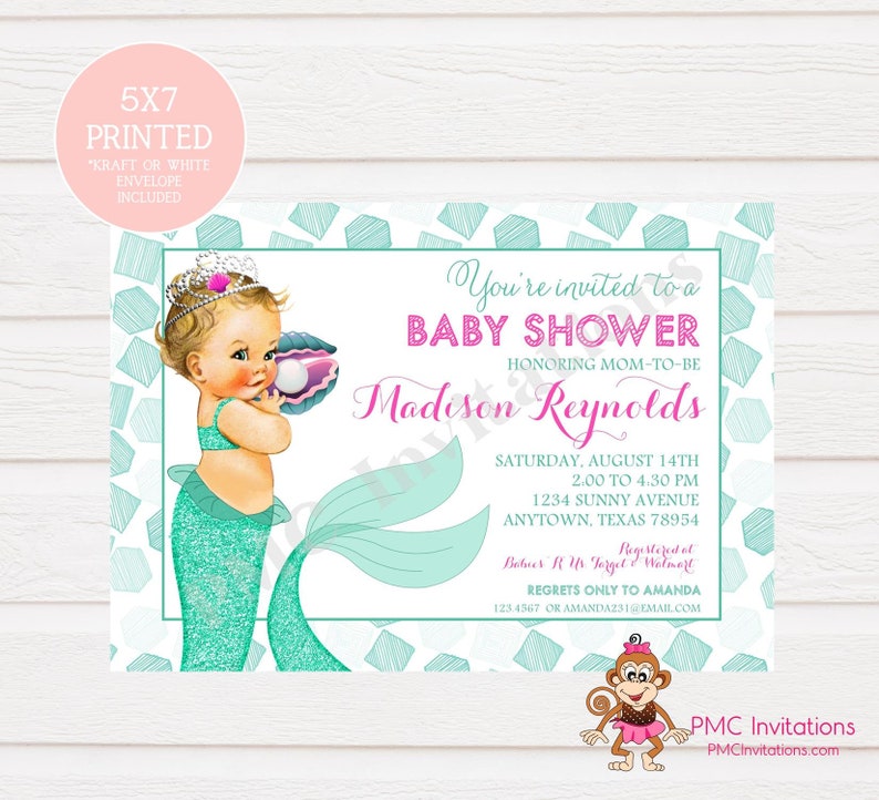 Custom Printed Shabby Chic Vintage Mermaid Baby Shower Pick skinhair color Princess Baby Shower Invitation 100 each wenvelope