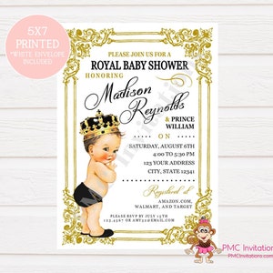 Custom Printed Black and Gold Shabby Chic, Vintage, Select hair/skin color, Royal Prince Baby Shower Invitation 1.00 each w/envelope image 1
