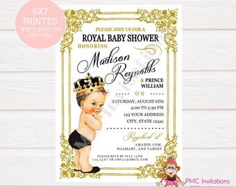 Custom Printed Black and Gold Shabby Chic, Vintage, Select hair/skin color, Royal Prince Baby Shower Invitation 1.00 each w/envelope