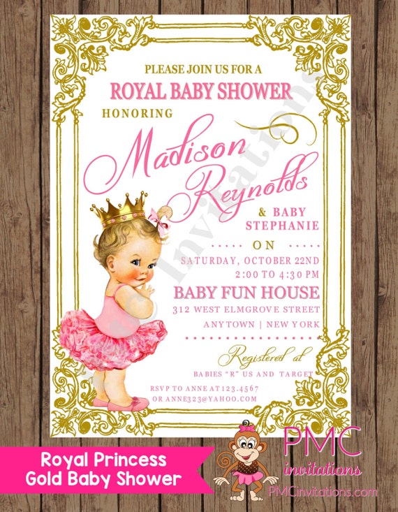 Custom Printed Shabby Chic - Antique - Vintage - Pick skin/hair color- Royal Princess Baby Shower Invitations - 1.00 each with envelope Il_570xn