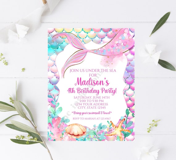 Custom PRINTED 4.25X5.5 Watercolor Mermaid Birthday Invitation, Printed Invitations, Under the Sea, Mermaid, with envelope Il_570xn
