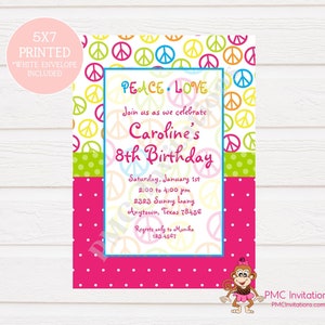 Custom Printed Girls Peace Sign Birthday Invitation 1.00 each with envelope image 1