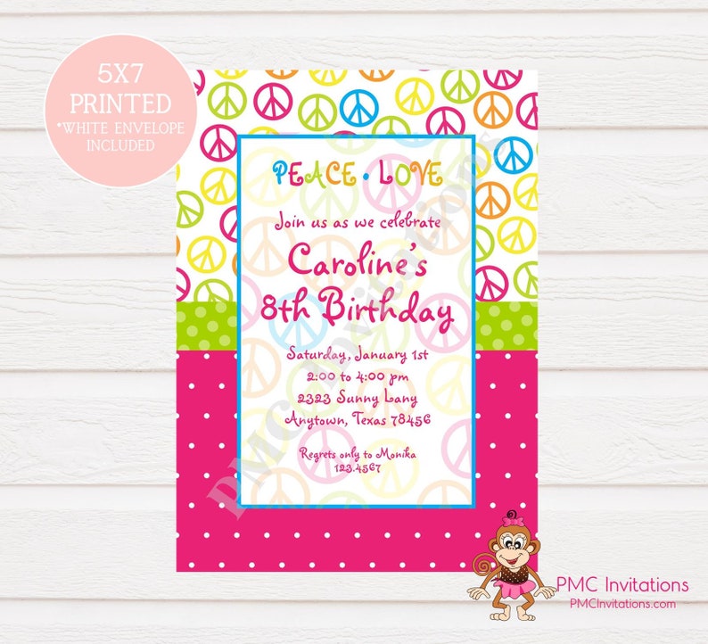 Custom Printed Girls Peace Sign Birthday Invitation 1.00 each with envelope image 1