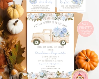 Printed/Shipped 5X7 Fall Pumpkin Baby Shower Invitation, Fall Truck Pumpkin, Baby Shower, Blue Boy Fall Baby Shower, envelope included
