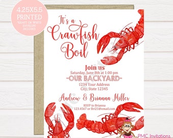 May include: A white invitation with red text for a crawfish boil. The invitation features a red crawfish illustration and the text "It's a Crawfish Boil". The invitation includes the date, time, and location of the event, as well as the hosts' names, Andrew and Brianna Miller. The invitation also includes RSVP information.