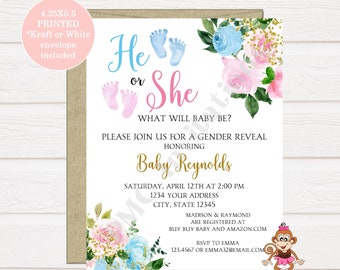 Invitación personalizada impresa de 4,25 x 5,5 para revelación de género, azul y rosa, invitación para baby shower con globos, niño o niña, él o ella, sobre kraft o blanco