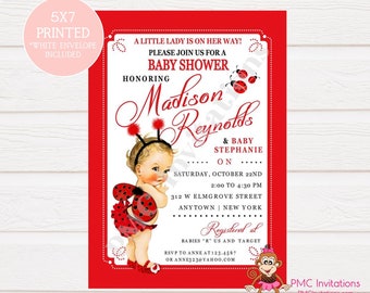Custom Printed Shabby Chic - Antique - Vintage - Ladybug Baby Shower Invitations - You pick hair/skin color - 1.00 each with envelope