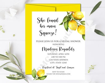 Custom PRINTED 4.25X5.5 Watercolor Lemon, Yellow Lemon Bridal Shower invitation, She found her Main Squeeze, envelope included