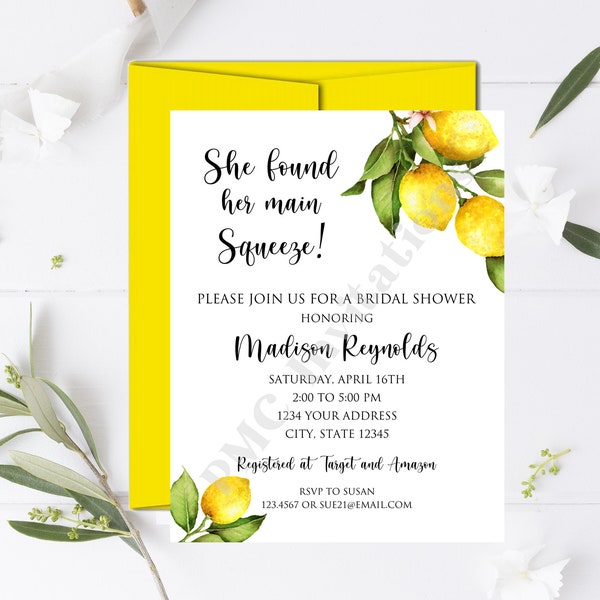 Custom PRINTED 4.25X5.5 Watercolor Lemon, Yellow Lemon Bridal Shower invitation, She found her Main Squeeze, envelope included