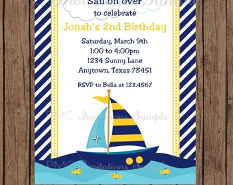 Custom Printed Yellow and Navy Nautical Sailboat Birthday Invitations - 1.00 each with envelope