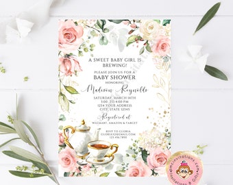 PRINTED Blush Pink Floral Baby Shower Tea Party Invitations, Pink Floral Baby Shower Invitation, Tea Party, 5X7", envelopes included