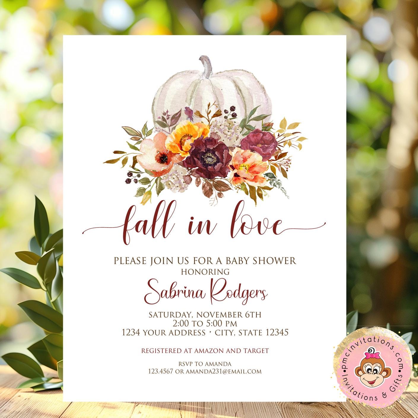 Custom PRINTED 4.25X5.5 Fall in Love Bridal Shower invitation, Fall Floral, Autumn, Pumpkin, Bridal Shower, kraft or white envelope included