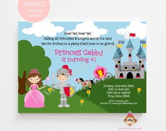 Custom PRINTED 5X7" Princess and Knight Birthday Invitations, Princess Knight Brithday Party, Girl Boy Birthday, envelopes included