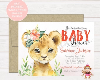 Custom PRINTED Watercolor Lion Baby Shower Invitation, Baby Lion Baby Shower Invitation - 1.00 each with envelope