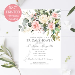 Printed 5x7" Blush Pink Floral Bridal Shower Invitation, Eucalyptus, Greenery, Pink Floral Bridal Shower Invitation, with envelopes