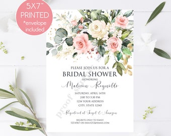 Printed 5x7" Blush Pink Floral Bridal Shower Invitation, Eucalyptus, Greenery, Pink Floral Bridal Shower Invitation, with envelopes